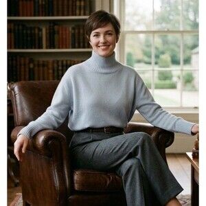 Banana Republic 100% Cashmere Icy Blue Funnel Neck Sweater L Quiet Luxury